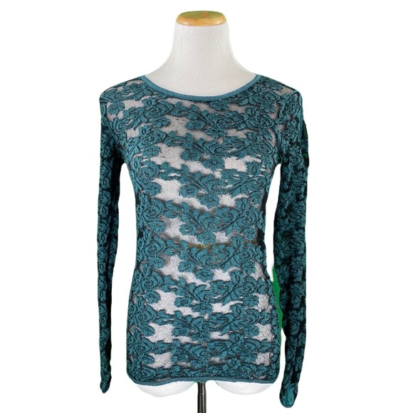 Free People Teal Sheer Mesh Floral Embroidered Tee